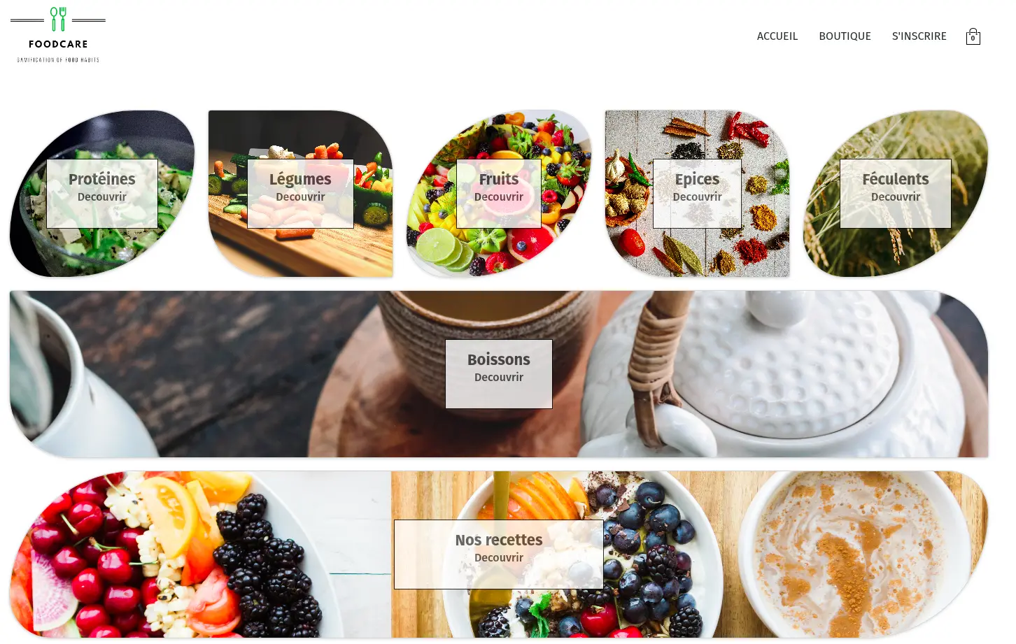 Page d'accueil du site avec les catégories de plats
